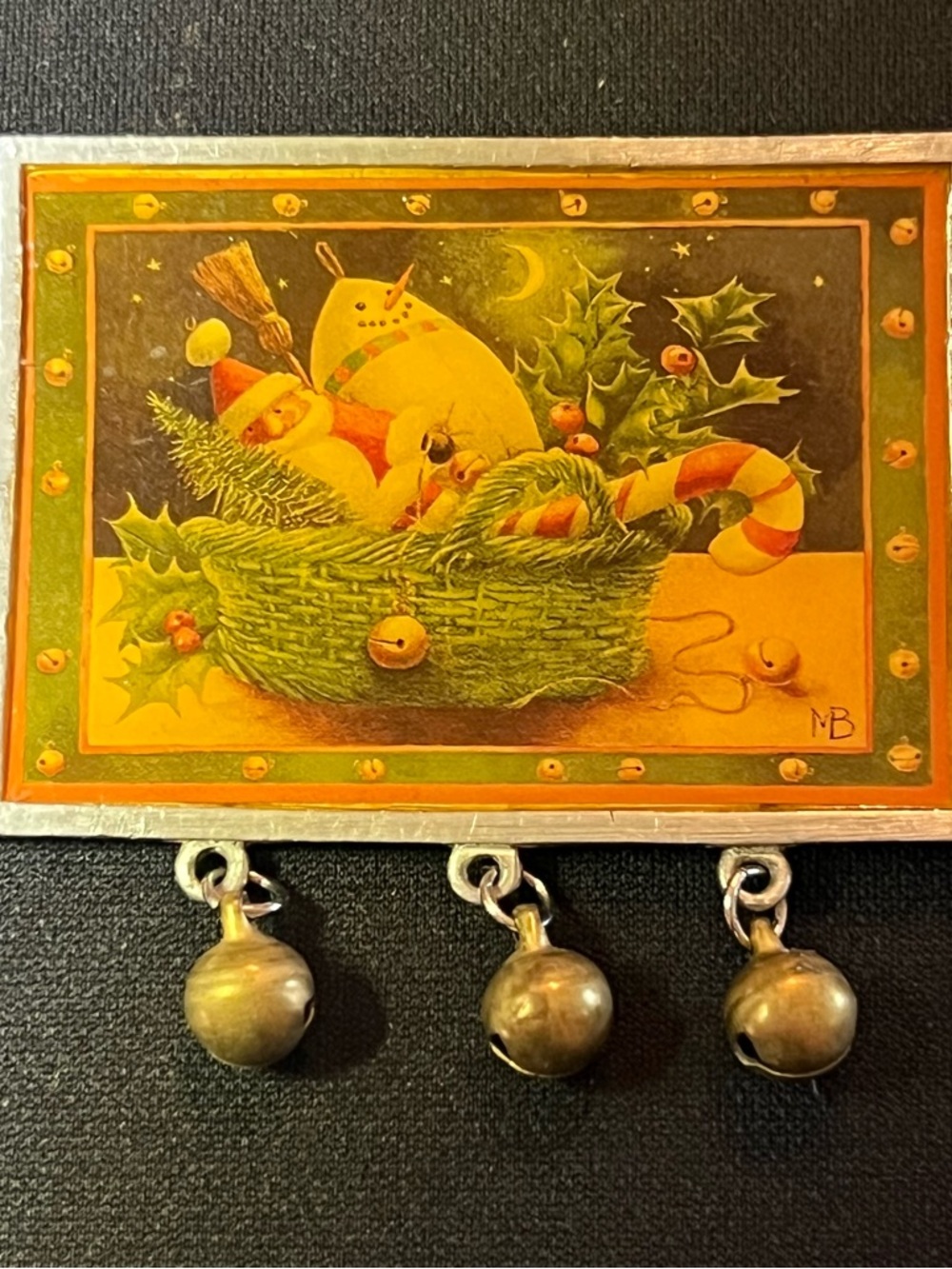 Holiday Enamel & Silver Jingle Bell Brooch - Green